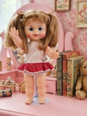 Vintage 1967 Mattel Buffy Doll Ruffles Bows Freckles w/Silver & White Stand